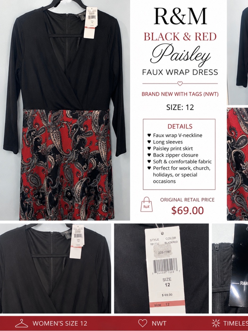 H&M Black & Red Long Sleeve Faux Wrap Paisley Dress